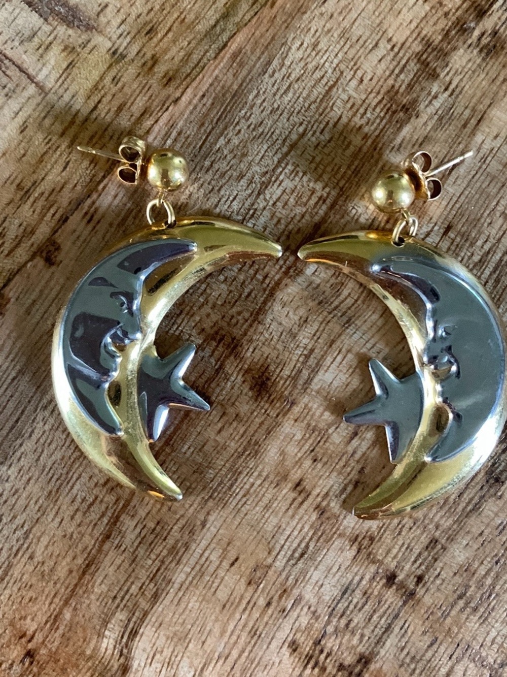 Vintage Two-Tone Celestial Crescent Moon and Star Dangle Earrings